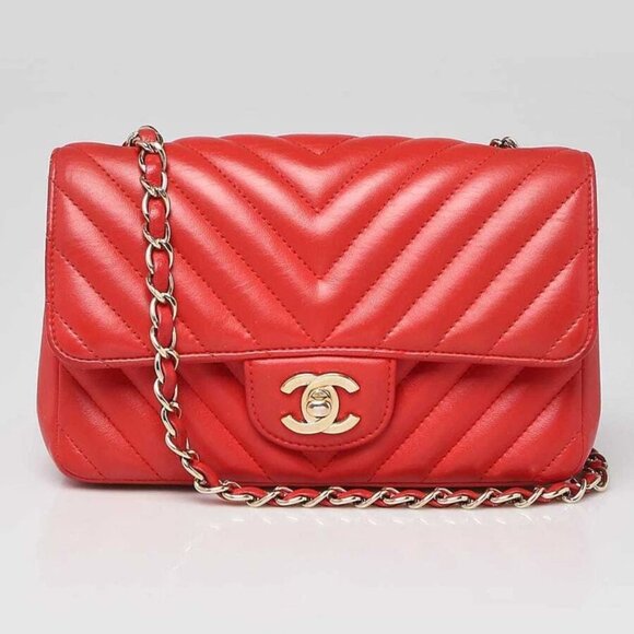 Chanel Red Chevron Quilted Lambskin Leather Classic Rectangular Mini Flap Bag - Picture 7 of 10